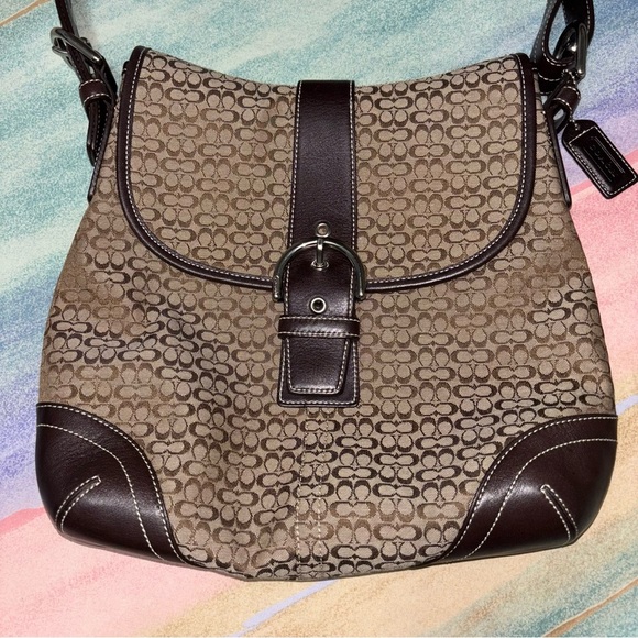 Coach Purse Crossbody Bag Brown Leather Light Fabric Canvas K3M-6376 Authentic - Picture 2 of 15